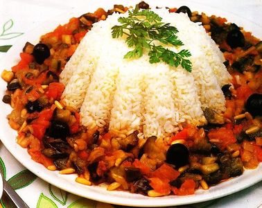 Flan de arroz con berenjena agridulce